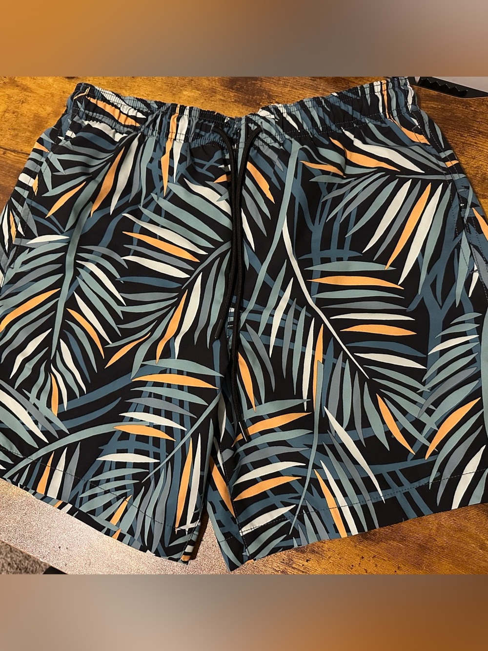 Express Men's Black Swim Trunks with Teal & Orange Palm Print